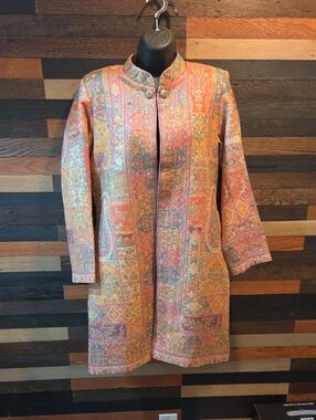 Paisley-Print Long Coat in Peach & Gold